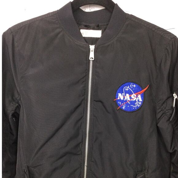 H&M Nasa Logo American Flag Patch Black Quilted Bomber Flight Jacket Kids 12/14 - Picture 2 of 13